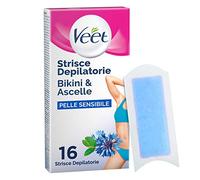 Veet Strisce Depilatorie Ascelle e Zona Bikini, Ceretta per Pelli Sensibili, Dermatologicamente Testate, 16 Strisce (8x2 Strisce) + Salviette Post-Epilazione Idratanti