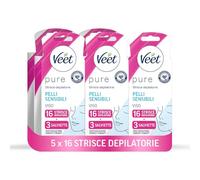 Veet Strisce Depilatorie Viso Pelli sensibili, Ipoallergeniche, 5 Confezioni da 16 Strisce, Maxi formato