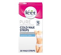 Veet Strisce di cera fredda pura per bikini e ascelle, pelle sensibile, 30 pezzi + 3 salviette, depilazione radicale, morbidezza 28 giorni, formula ipoallergenica, confezione varia