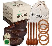 vegboo LOVE OF NATURE Set di 4 ciotole in cocco con e-book e accessori - Vegane durevole Ciotola di cocco - Fatto a mano ideale come ciotola per cereali, vegano, acai e frullato