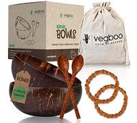Vegboo® - Set di 2 ciotole in noce di cocco con e-book, 100% resistente, senza plastica, realizzate a mano con molti accessori, ideali come ciotola per cereali, vegano, Acai e frullati