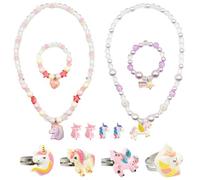 VEGCOO Gioielli per bambini, 2 collane per bambini, 2 bracciali, 4 anelli, 2 paia di orecchini per ragazze, colorati e carini, gioielli per il compleanno, verstellbar, Plastica, Plastica