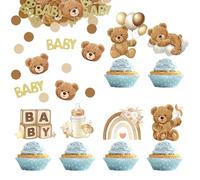 VEGCOO Set di 36 decorazioni per cupcake con orsetti + 100 coriandoli per baby shower, decorazione neutra per battesimo, compleanno e feste a tema
