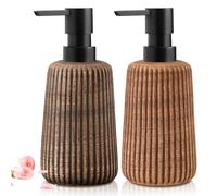 Vegena Dispenser di Sapone in Ceramica: 2 Pezzi Strisce Vintage, Dispenser di Sapone Liquido Ricaricabile, Testa di Pompa Facile da Premere, per Bagno e Cucina (8x8x14cm Beige 400ML)