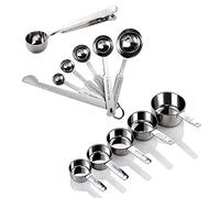 Vegena Set di 12 Pezzi Misurini e Cucchiai in Acciaio Inox con Righello di Misurazione, 5 Misurini 5 Cucchiai con 1 Righello 1 Gratuito Cucchiaio con Clip per Misurare Razioni a Secco e Liquidi