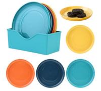 Vegena Set di 12 Piatti in Plastica Riutilizzabili - 4 Colori, Piccoli, da Dolce e Dessert - Con Scaffale (Rotondi)