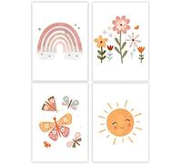 Vegena Set di 4 immagini per cameretta dei bambini, poster decorazione per la cameretta dei bambini, arcobaleno, sole, nuvola, fiori e farfalle, immagini DIN A4, decorazione boho