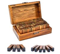 Vegena Set di 70 francobolli con alfabeto vintage in legno, con scatola di conservazione, set di timbri in legno, set di lettere dell'alfabeto per la creazione di biglietti, fai da te