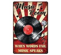 VEGlkj Targa in metallo con scritta in lingua inglese "Music Room" "When Words Fail Music Speaks", pittura vintage, 30,5 x 20,3 cm, poster da parete retrò per casa, ufficio, cucina, giardino, bar