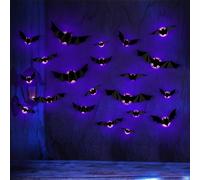 VEGOATY Decorazione per Halloween, 24 pezzi, decorazione per interni con luci a LED, 3D, a forma di pipistrello, decorazione fai da te, per esterni, feste, finestre, adesivi da parete, camera da letto