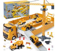 Veicoli da Cantiere Giocattolo per Bambini con Gru Escavatore Bulldozer Camion Betoniera Rullo Compressore Giocattolo Veicoli da Costruzione grande Camion Macchinine Giocattolo Regalo per bambini