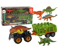Veicolo dinosauro con rimorchio e 4 figurine di dinosauri