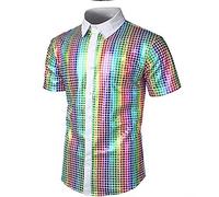 Vekewsap Camicia da uomo con paillettes metallizzate, a maniche corte, hippie Carnevale, con glitter anni '70, anni '80, in metallo lucido, colore oro, stile rave 70E, costume da discoteca, verde, L