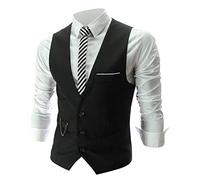 Vekewsap Gilet da lavoro da uomo, con scollo a V, gilet da uomo, con bottoni, slim fit, senza maniche, casual, per matrimoni, feste, cameriere, uniforme, formale, Nero , S