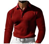Vekewsap Maglietta da uomo, a maniche lunghe, a maniche lunghe, comoda, a maniche lunghe, con collo alto, con bottoni, Colore: rosso, XL