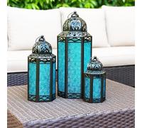 VELA LANTERNS Set di 3 lanterne marocchine per candele, in metallo blu e vetro, per pavimenti, decorazioni Ramadan e interni, patio esterno o veranda, matrimoni e feste