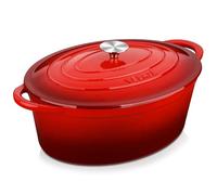 Velaze Casseruola in Ghisa, Pentola a Induzione per Stufati e Brasati, Cocotte Casseruola con Coperchio in Rivestimento Smaltato, Forno Olandese, Rosso, Ovale - 34 cm, 7 L