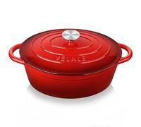 Velaze Casseruola in Ghisa, Pentola a Induzione per Stufati e Brasati, Cocotte Casseruola con Coperchio in Rivestimento Smaltato, Forno Olandese, Rosso, Ovale - 30 cm, 5 L