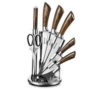Velaze Set Coltelli, Coltelli Cucina Set 8 Pezzi, Ceppo Coltelli, Set di Coltelli Professionali Chef in Acciaio Inossidabile con Blocco Coltelli Girevole - Marrone