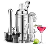 Velaze Set di 10 Shaker per Cocktail da Barista, in Acciaio Inox, con Apribottiglie, Beccucci, Misurino e Tappo per Vino, Set di Shaker Martini Argento