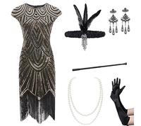 Velcoxplay Abito da donna anni '20 con paillettes, paillettes, perline con frange, set di accessori 20