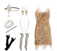 Velcoxplay Abito da donna anni '20, con paillettes, vintage, paillettes, con frange, con accessori anni '20, colore oro, L