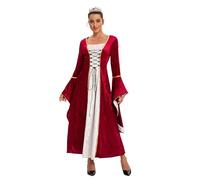 Velcoxplay Abito retrò medievale da donna in velluto con maniche a tromba, stile medievale, regina vittoriana, rinascimentale, Halloween, carnevale, costume gotico, rosso, M