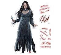 Velcoxplay Costume da strega per Halloween, da donna, da vampiro, abito lungo horror nero, da fantasma, da regina, costume di carnevale, per adulti