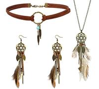 VELESAY Boho Gioielli Set per Donna Vintage Bohemian Piuma Orecchini Pendenti Pelle Choker Dream Catcher Collana Retro Vintage Piuma Orecchini Collana Boho Gioielli Tribali Regalo