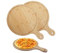 Velicber 2 Pezzi Piatto per Pizza in Bambù 30 cm con Manico Rotondo Tagliere per Pizza, Tarte Flambée, Pane e Formaggio, 42 x 30 x 1.5 cm - Naturale e Resistente
