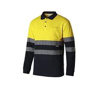 VELILLA 305515; Polo ad Alta visibilità in Cotone, Bicolore e Manica Lunga; Colore Blu Navy e Giallo Fluo; Taglia XXL