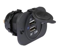 Velleman Caricabatterie USB per auto, protetto contro gli spruzzi d'acqua, ingresso 12-24 V DC, doppia uscita 5 V, protetto contro inversione di polarità e cortocircuito, protezione termica, ideale