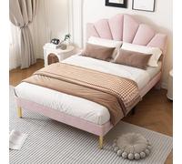 Velluto, letto imbottito, letto a conchiglia con gambe in ferro dorato, rete a doghe in legno, testiera regolabile in altezza (beige, 140 x 190 cm)
