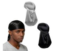 Vellux Set di 2 pezzi Durag in raso setoso, nero e argento, per uomini e donne, traspirante, coda lunga durags per 360 onde, dreadlock, fasce per capelli da pirata, fasce in raso alla moda, senza