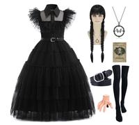 Velmawig Mercoledì Costume per ragazze - Nero con parrucca e forcina - Vestito da principessa per Halloween & Carnevale - Costume cosplay per ragazze 3 - 14 anni