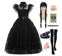 Velmawig Mercoledì Costume Vestito Ragazza Wed Costume con Mani Forcina Parrucca Principessa Nero Vestito Halloween Carnevale Famiglia Cosplay Costume per Ragazze 3-14 Anni VL038XL