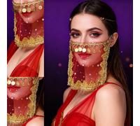 Velo da danza del ventre con monete pendenti, accessorio per costume da danza con fiori di prugna e glitter, copri viso per performance nero,Viola,rosso,rosa rossa,giallo,rosa,Blu Reale,lago bluTessut