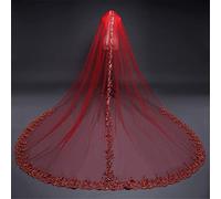 Velo da Sposa Coda Lunga Rossa con Pettine Ricamo Bordo in Pizzo Velo da Sposa Applique Fiore 3D Cattedrale Principessa Tulle Bellissimo Abito da Sposa Accessori per Donna,Rosso,3M × 3M