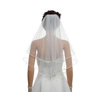Velo da sposa con perline e bordo centrale a nastro 2T a 2 livelli - Bianco
