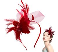 Velo Da Sposa Grande Cappello E Piume Per Feste Di Nozze Cappellino A Tamburello Lana Vintage Clip Elegante Capelli Del Partito Wedding Cocktail Prom (Rosso)