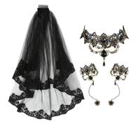 Velo da Sposa Nero & Set di Collana e Bracciale, Accessori per Costumi da Sposa di Halloween, Gioielli per Cosplay di Strega, Vampiro e Steampunk, Copricapo di Halloween, per JGA e Halloween02