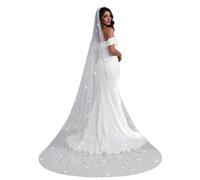 Velo da sposa romantico con design floreale e perle e treno extra lungo cattedrale per spiaggia cerimonia nuziale vestire copricapo elegante accessori da sposa, bianco, 300cm