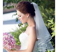 Velo da sposa semplice in tulle bianco avorio a due strati con bordo a nastro, accessori per la sposa, corto da donna, 75 cm, con pettine in metallo, bianco con bordo, 75 cm