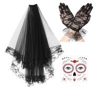 Velo Nero di Halloween, Velo Da Sposa Dia De Los Muertos, Velo Della Vedova Del Giorno Dei Morti Con Guanti di Pizzo Tatuaggi Sul Viso, Copricapo per Cosplay di Carnevale In Maschera di Halloween