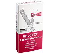 VELOFLEX - Rinforzi per fori VELOFIX 105 x 15 mm, confezione da 50 pezzi | Autoadesiva, trasparente come vetro, pellicola rigida, per rinforzo bordo rilegatura, distanza fori 60, 80 mm