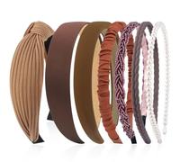 VELSCRUN Cerchietti per capelli da donna, 7 pezzi, diversi marrone scuro, alla moda, annodati, solidi, con perle, antiscivolo, sottili, per donne e ragazze, accessori per capelli spessi e corti per