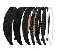 VELSCRUN Cerchietti per capelli da donna, 7 pezzi, diversi neri, alla moda, annodati, solidi, con perle, antiscivolo, per donne e ragazze, sottili, spessi, corti, per lavare il viso, accessori per