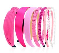 VELSCRUN Cerchietti per capelli da donna, 7 pezzi, diversi rosa acceso, alla moda, annodati, solidi, con perle, antiscivolo, sottili, per donne e ragazze, accessori per capelli spessi e corti per