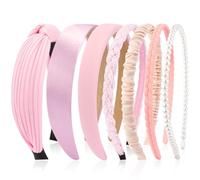 VELSCRUN Cerchietti per capelli da donna, 7 pezzi, diversi rosa, alla moda, annodati, solidi, con perle, antiscivolo, per donne e ragazze, sottili, spessi, corti, per lavare il viso, accessori per