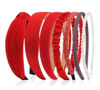VELSCRUN Cerchietti per capelli da donna, 7 pezzi, diversi rossi, alla moda, annodati, solidi, con perle, antiscivolo, sottili, per donne e ragazze, accessori per capelli spessi e corti per lavare il